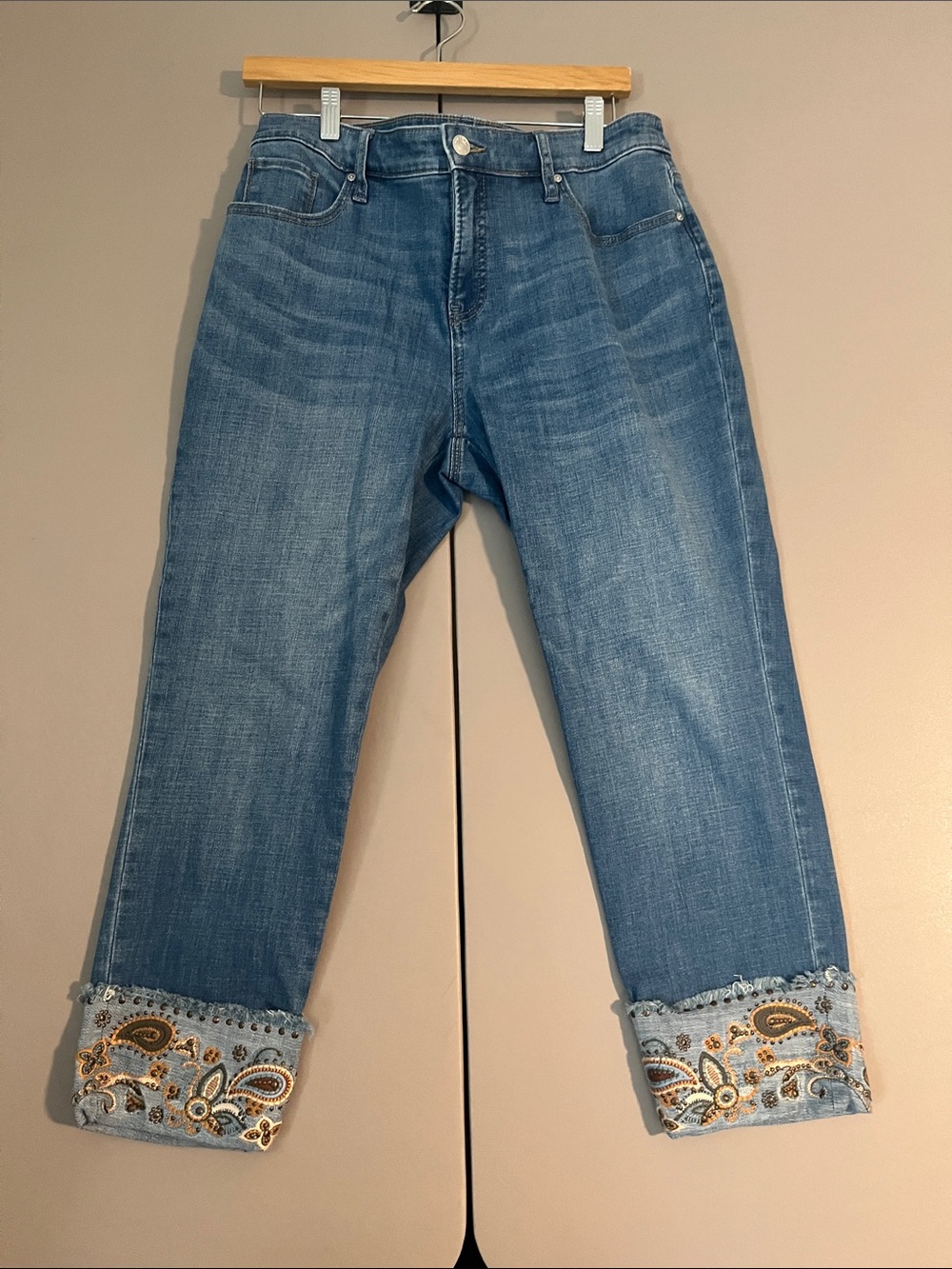 Chico's Blue Boyfriend Jeans with Embellished Cuffs